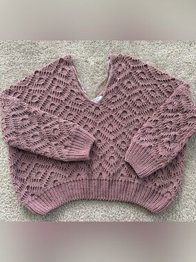 Favlux Textured V-Neck Openwork Sweater - Dusty Rose